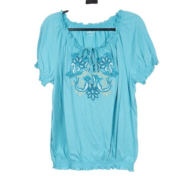 Croft & Barrow Peasant Blouse L Women Blue Embroidered Shirt Cotton Short Sleeve - Picture 1 of 6